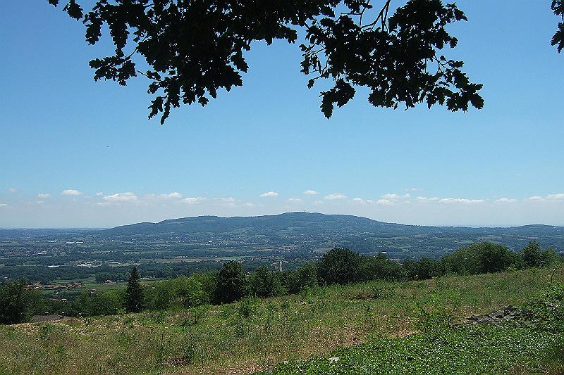 2010-06- (105).JPG - Nach 14 Wegekilometern ist unser Tages- und Touren-Ziel in Sicht: Lozanne liegt unten im Tal, hinter dem Berg mit dem Aussichtsturm versteckt sich Lyon